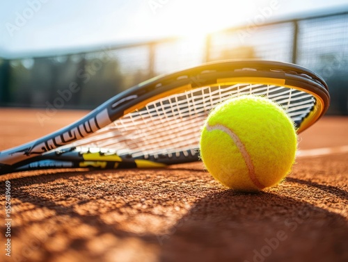 Tennis racket and ball on court