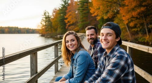 Happy Family Enjoying a Beautiful Autumn Day by the Lake