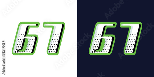 Number 67 design, green and white color with halftone effect
