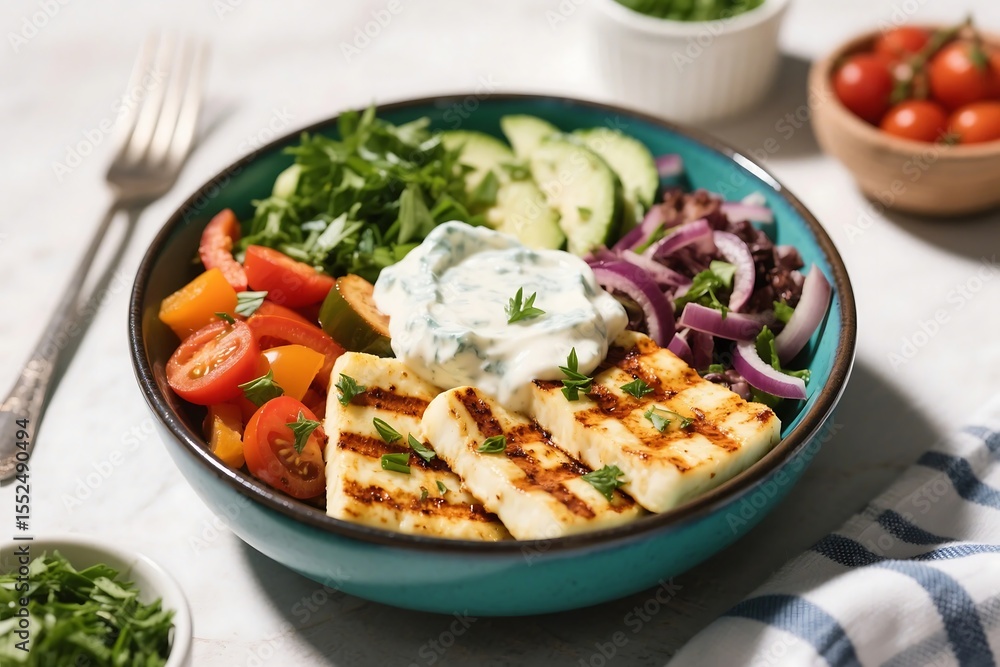 Epic Grilled Halloumi Greek Bowl with Creamy Tzatziki & Herby Veggies Epic Grilled Halloumi Greek Bowl with Creamy Tzatziki & Herby Veggies