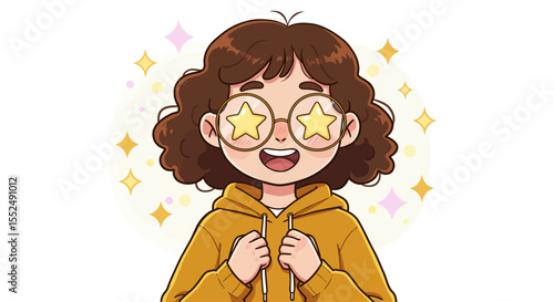 Happy Girl with Starry Glasses Cute Illustration