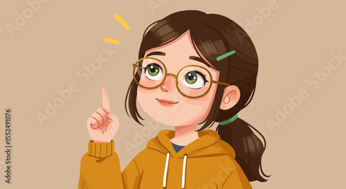 Adorable Cartoon Girl with Glasses, Thinking and Pointing Upward