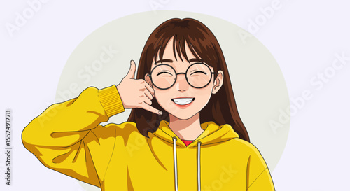 Smiling Girl in Yellow Hoodie Making a Call Me Gesture Anime Style Illustration