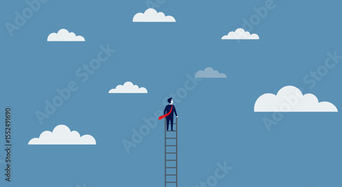 Businessman on Ladder Reaching for Success, Achieving Goals and Dreams