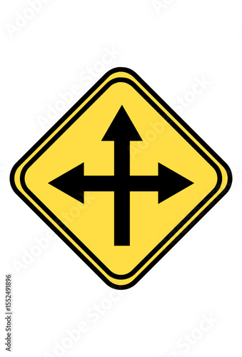 Crossroad ahead sign, multiple directions.
Intersection warning symbol, all ways.
Road sign indicating a four-way intersection.
