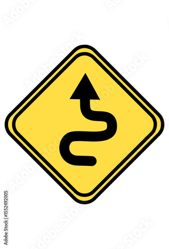 Winding road ahead sign, caution advised.
Curvy road warning symbol, proceed with care.
Road sign indicating sharp turns or curves.
