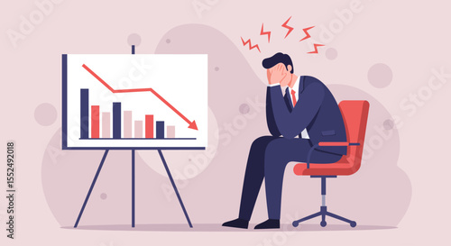 Stressed Businessman Reviewing Negative Financial Graph, Showing Business Failure and Economic Downturn
