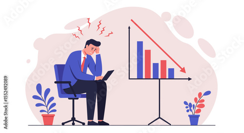 Overwhelmed Businessman Facing Financial Crisis  Decreasing Sales and Profit Loss