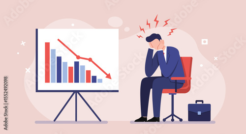 Stressed Businessman Facing Financial Downturn Graph Shows Declining Profits