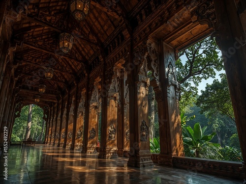 Dark-Wood Dayak Temple with Intricate Roof and Forest Mist at Sunrise