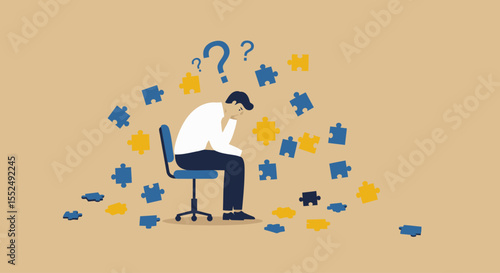 Overwhelmed Businessman Struggling with Complex Problems and Uncertain Future