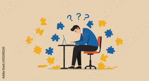 Overwhelmed Businessman Solving Complex Problems and Puzzles
