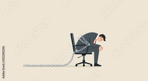 Overwhelmed Businessman Chained to His Desk  A Visual Metaphor for Workplace Stress and Burnout