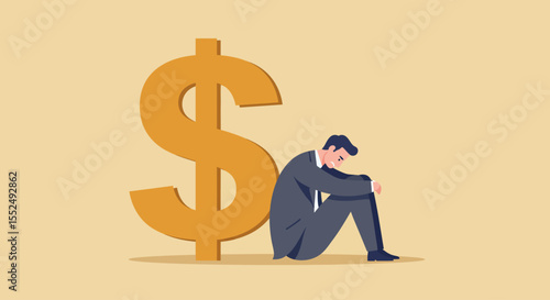 Financial Hardship Depressed Businessman Leaning on Dollar Sign