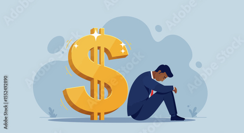 Financial Struggle Depressed Businessman and Large Dollar Sign Illustration