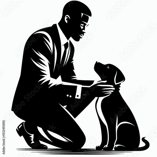 African American Business man adopting pet. Marketing Commerce Corporate Entrepreneurship Startup Clipart Line Art Vector Illustration. Black entrepreneur gaining guardianship of a domestic.