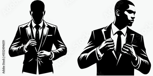 African American Business man Zipping up jacket. Marketing Commerce Corporate Entrepreneurship Startup Clipart Line Art Vector Illustration. Male entrepreneur closing coat person of color.