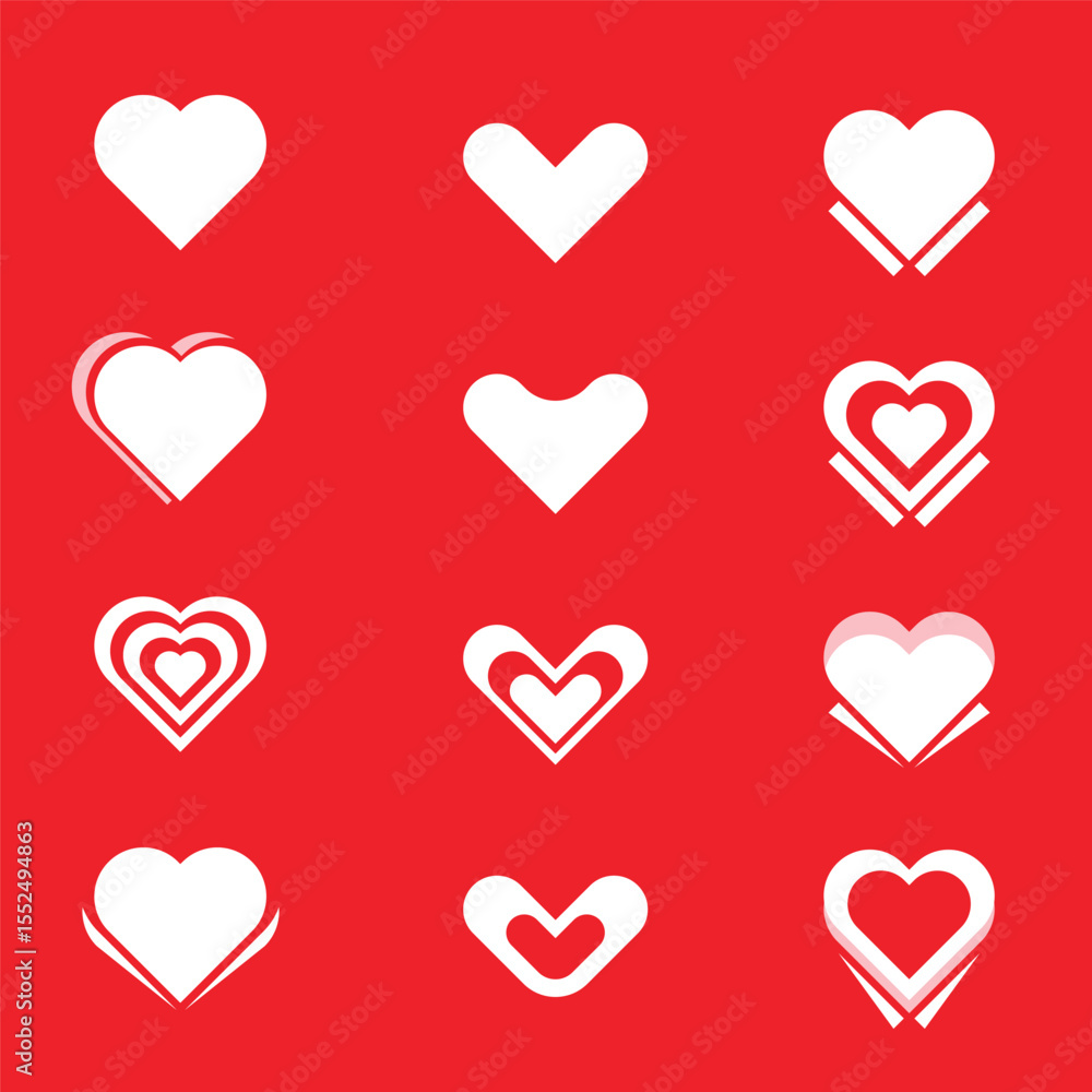 Heart icons. Set of love symbols. Set of heart trend icons isolated on Red background. Heart icons. Set of love symbols. Set of heart trend icons isolated on Red background.