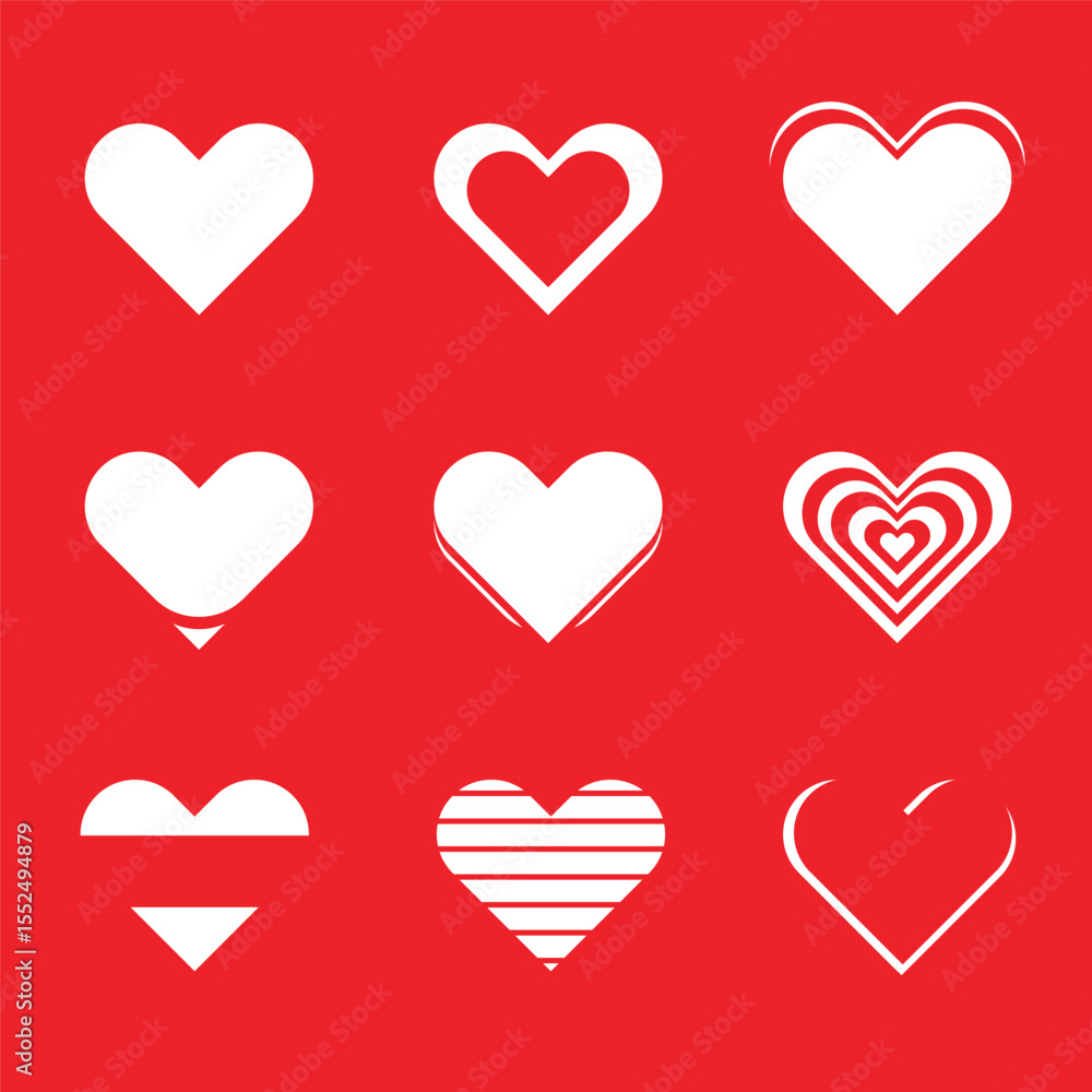Heart icons. Set of love symbols. Set of heart trend icons isolated on Red background. Heart icons. Set of love symbols. Set of heart trend icons isolated on Red background.