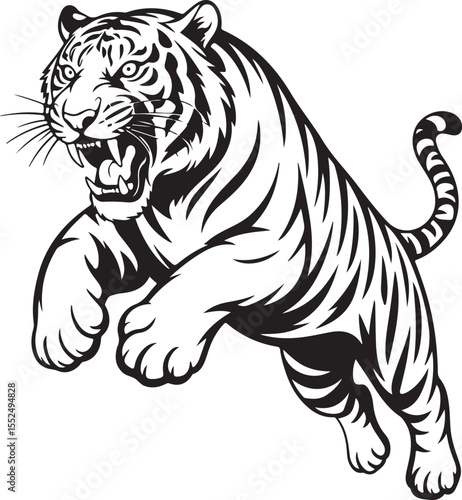 Aggressive Tiger Silhouette Illustration with Bold Lines and Dynamic Pose