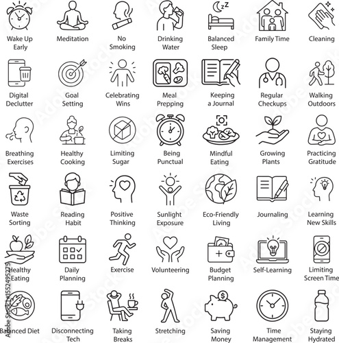 Lifestyle Habits Icons: Vector Set of Healthy Daily Routines