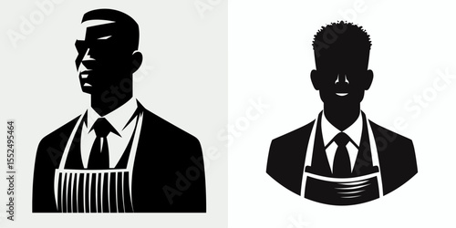 African American Business man Wearing apron. Marketing Commerce Corporate Entrepreneurship Startup Clipart Line Art Vector Illustration. Male entrepreneur of color in kitchen covering.