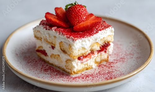 A slice of homemade strawberry tiramisu on a ceramic plate, Generative AI
