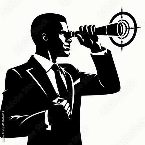 African American Business man visualizing success. Marketing Commerce Corporate Entrepreneurship Startup Clipart Line Art Vector Illustration. Black entrepreneur imagining triumph a future.