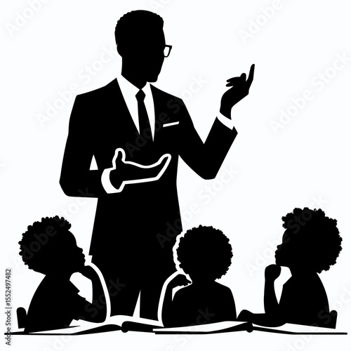 African American Business man teaching kids. Marketing Commerce Corporate Entrepreneurship Startup Clipart Line Art Vector Illustration. .