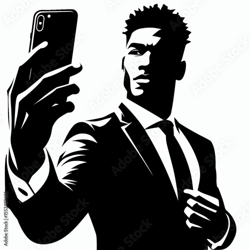 African American Business man Taking selfie. Marketing Commerce Corporate Entrepreneurship Startup Clipart Line Art Vector Illustration. Black male professional making self-portrait photo.