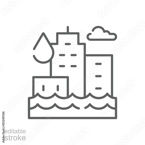 Flooded City Icon. Outline Style Editable Stroke. Thin Line Symbol of Climate Anxiety, Urban Flood Disaster, Rising Water Levels, Global Warming Impact, and Environmental Crisis Awareness.