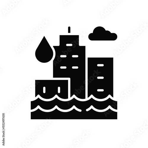 Flooded City Glyph Icon. Solid Style. Climate Anxiety Symbol of Urban Flood, Global Warming Disaster, Rising Water Crisis, and Environmental Impact in Black Silhouette.