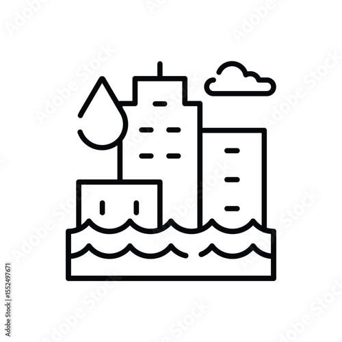 Flooded City Icon. Outline Style. Thin Line Symbol of Climate Anxiety, Urban Flood, Water Disaster, and Global Warming Impact on Coastal Environments.