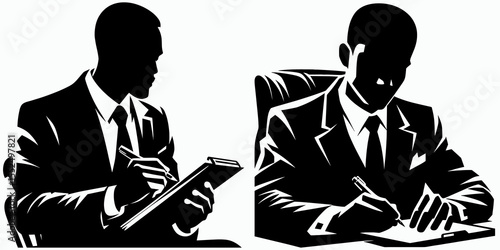 African American Business man Taking notes. Marketing Commerce Corporate Entrepreneurship Startup Clipart Line Art Vector Illustration. Black entrepreneur jotting memo person from africa.