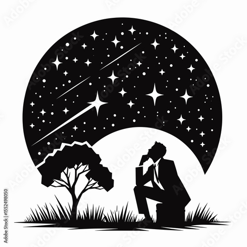 African American Business man stargazing night. Marketing Commerce Corporate Entrepreneurship Startup Clipart Line Art Vector Illustration. .