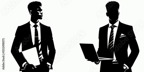 African American Business man Standing with laptop. Marketing Commerce Corporate Entrepreneurship Startup Clipart Line Art Vector Illustration. Male of descent at work upright pose holding.