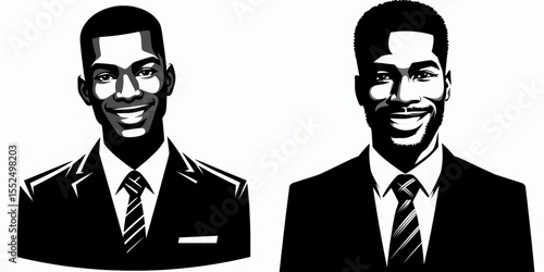 African American Business man Smiling confidently. Marketing Commerce Corporate Entrepreneurship Startup Clipart Line Art Vector Illustration. Black entrepreneur radiates joy in a picture.