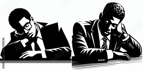 African American Business man Sleeping at desk. Marketing Commerce Corporate Entrepreneurship Startup Clipart Line Art Vector Illustration. Black entrepreneur napping office furniture.