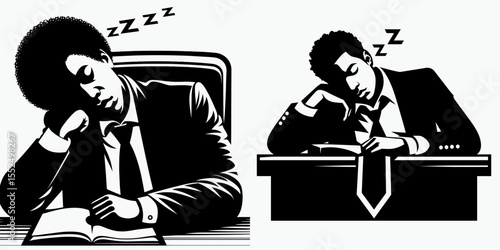 African American Business man Sleeping at desk. Marketing Commerce Corporate Entrepreneurship Startup Clipart Line Art Vector Illustration. Black entrepreneur napping office furniture.