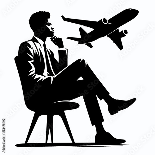 African American Business man sitting airplane. Marketing Commerce Corporate Entrepreneurship Startup Clipart Line Art Vector Illustration. Black male professional aboard plane for aviation.