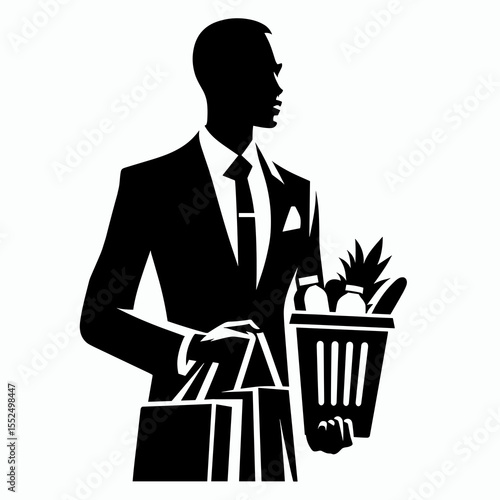 African American Business man shopping groceries. Marketing Commerce Corporate Entrepreneurship Startup Clipart Line Art Vector Illustration. Black male executive buying foodstuff at local.