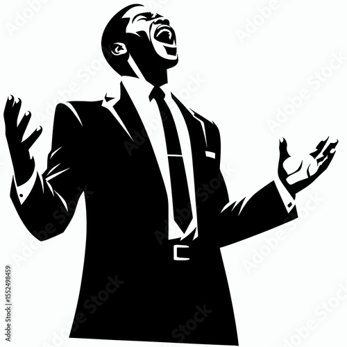 African American Business man singing joyfully. Marketing Commerce Corporate Entrepreneurship Startup Clipart Line Art Vector Illustration. Black entrepreneur vocalizing with delight male.