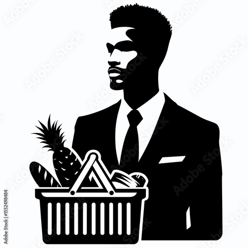 African American Business man shopping groceries. Marketing Commerce Corporate Entrepreneurship Startup Clipart Line Art Vector Illustration. Black entrepreneur buying foodstuff at food.