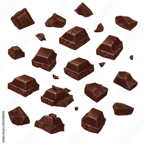 Assorted dark chocolate chunks with varying shapes and textures artistically arranged