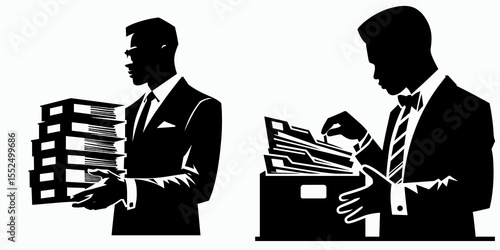 African American Business man organizing files. Marketing Commerce Corporate Entrepreneurship Startup Clipart Line Art Vector Illustration. Black entrepreneur arranging paperwork office.