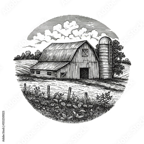 Illustration Black and White Farm Barn Rustic Landscape Silhouette