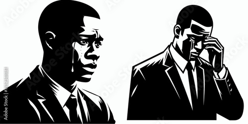 African American Business man Looking tearful. Marketing Commerce Corporate Entrepreneurship Startup Clipart Line Art Vector Illustration. Black entrepreneur with moist eye showing emotion.