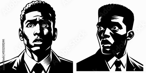 African American Business man Looking stunned. Marketing Commerce Corporate Entrepreneurship Startup Clipart Line Art Vector Illustration. Black entrepreneur appearing shocked facial.