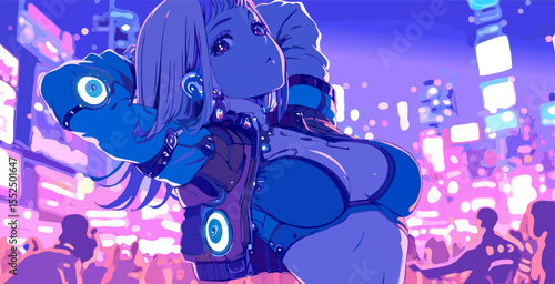 Stylish cyberpunk girl striking a pose in a vibrant, futuristic city illuminated by neon lights