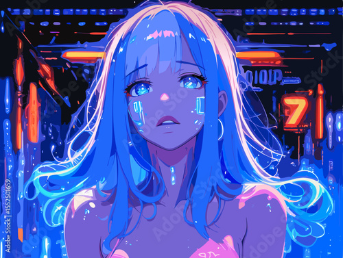 Young woman with cybernetic enhancements navigating a futuristic cityscape illuminated by vibrant neon lights
